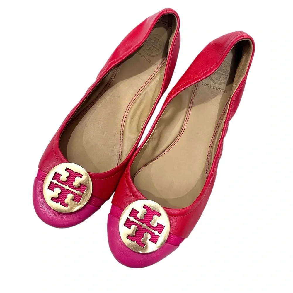 Tory Burch Cap Toe Colorblock Nappa Leather Minnie Ballet Flats Red Azalea Pink